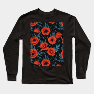 Poppies, red and blue on black Long Sleeve T-Shirt